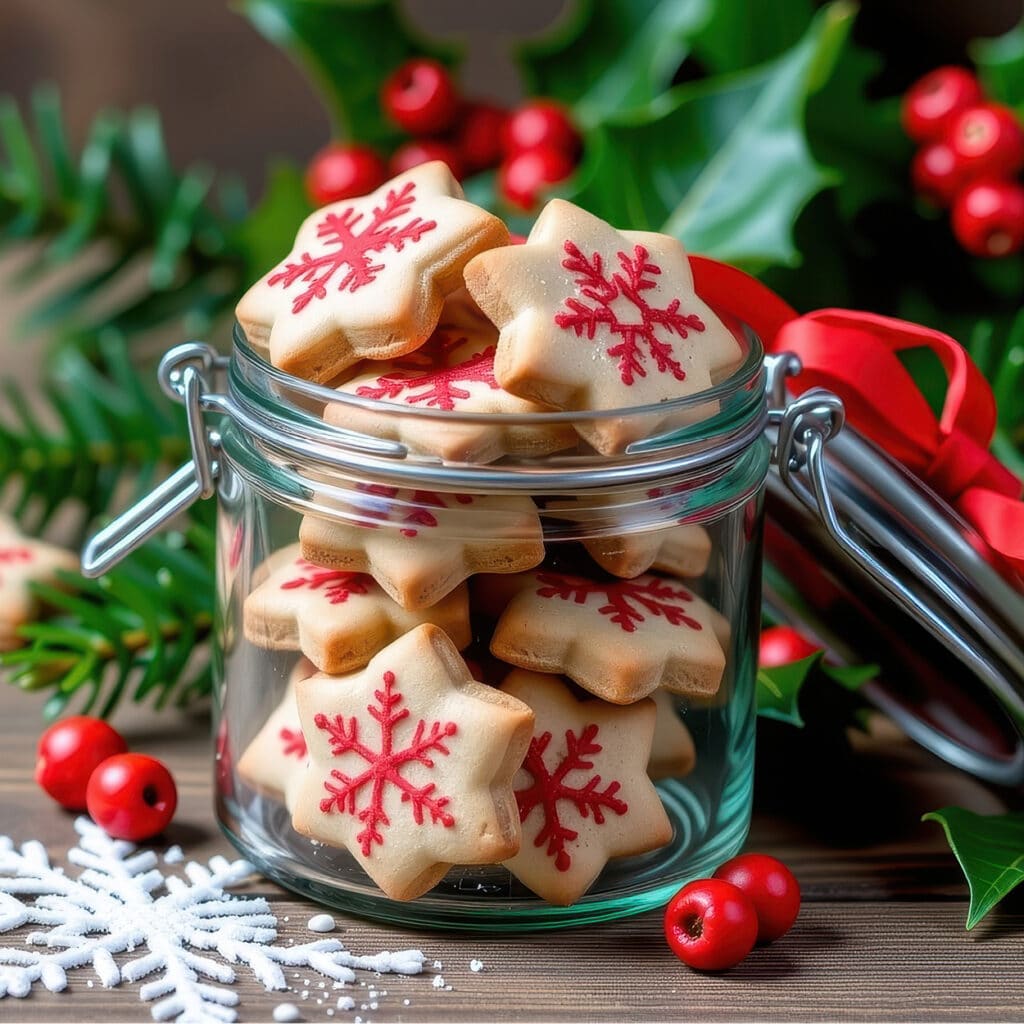 Weihnachtsplätzchen im Glas – Sternkekse mit roter Schneeflocke als festliche Geschenkidee
