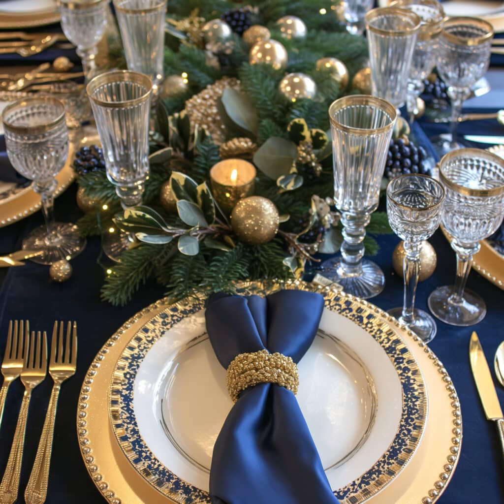 Festlich gedeckter Tisch in Blau und Gold mit Kristallgläsern und Tannendeko