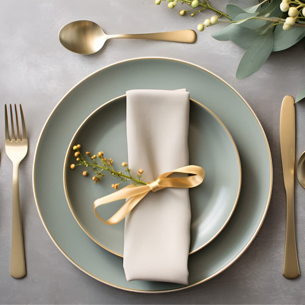 Gedeckter Teller mit goldgerändertem Geschirr, Serviette und Schleife dekoriert
