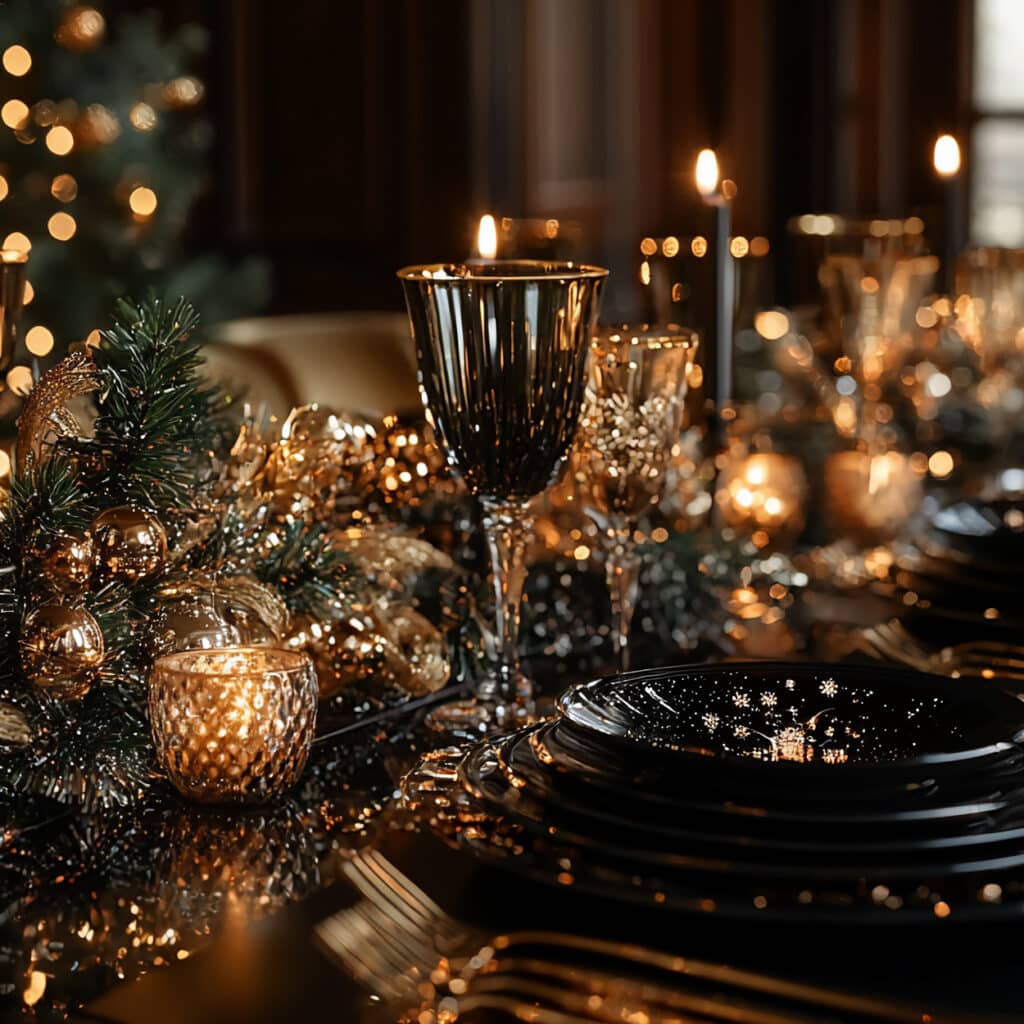Eleganter Weihnachtstisch in Schwarz und Gold mit Kerzen, Gläsern und Glanzlichtern