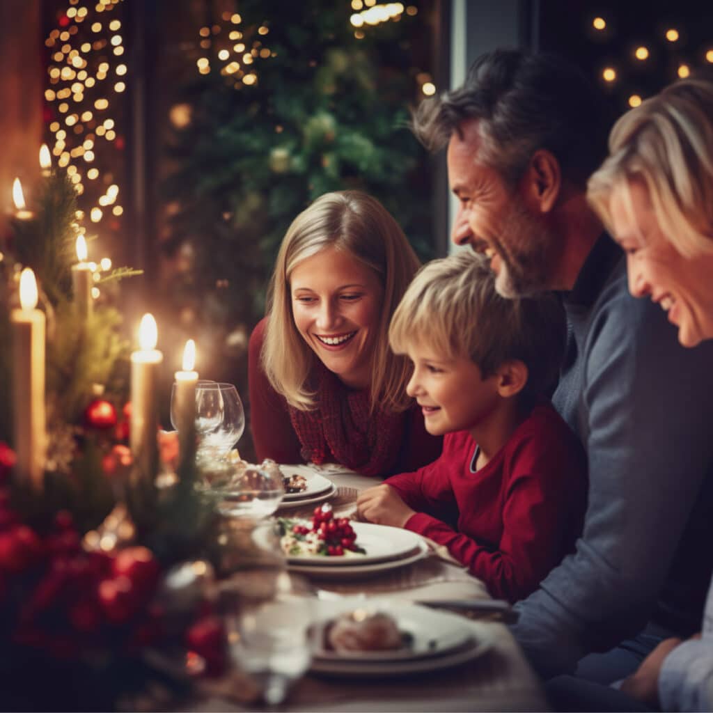 Familie sitzt am festlich gedeckten Weihnachtstisch bei Kerzenschein und Tanne