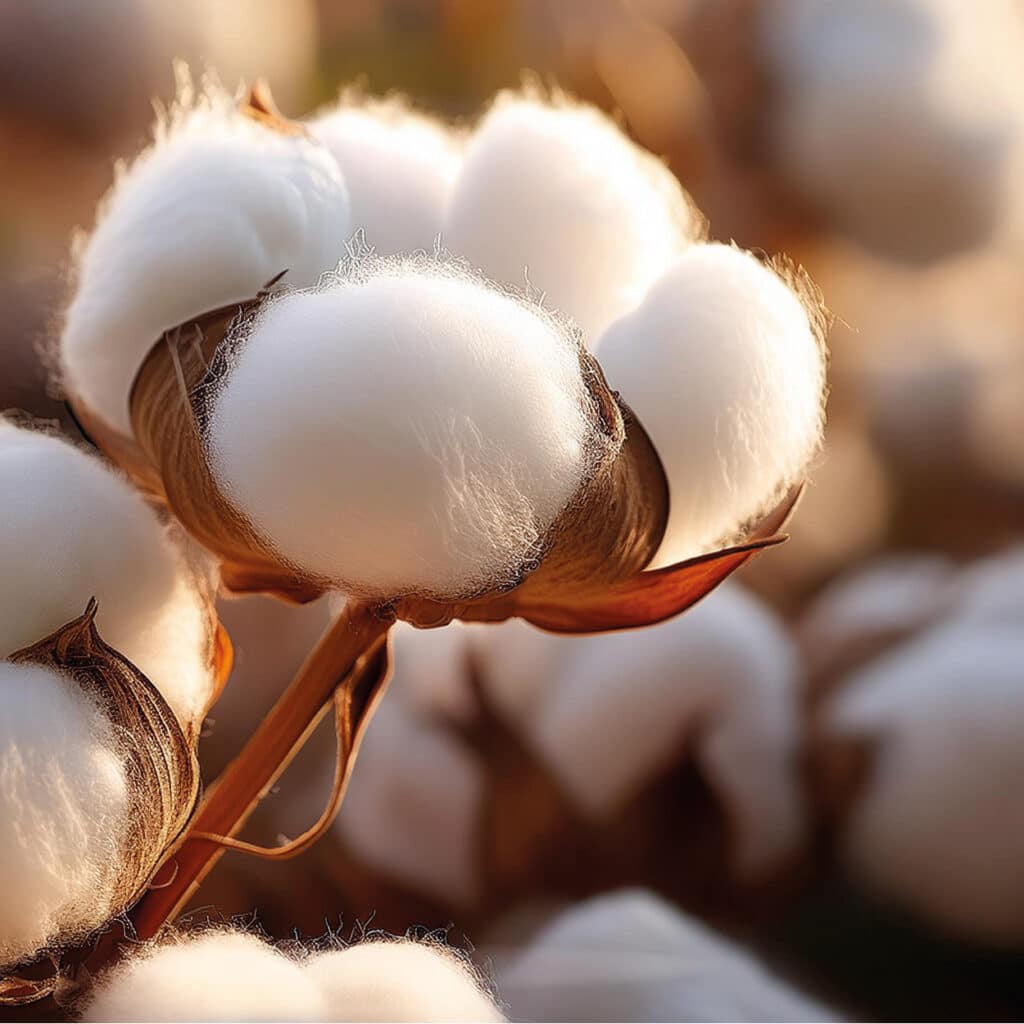 Nahaufnahme einer Baumwollpflanze mit weichen weißen Fasern in der Sonne