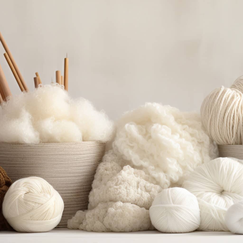 Garn und Wolle in Naturweiß und Beige, dekorativ mit Stricknadeln präsentiert